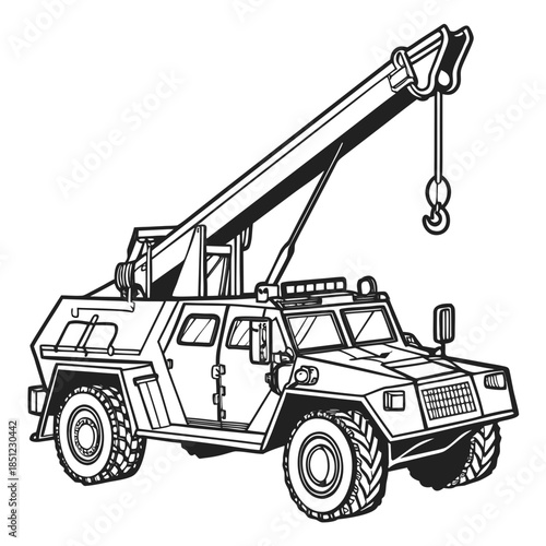 Black and white of military vehicle with crane and hook