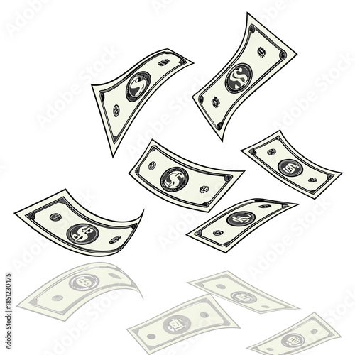 3d render of floating money bills with reflection on surface