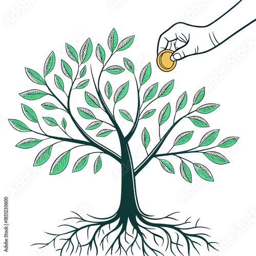 Hand placing coin into growing tree on white background 1