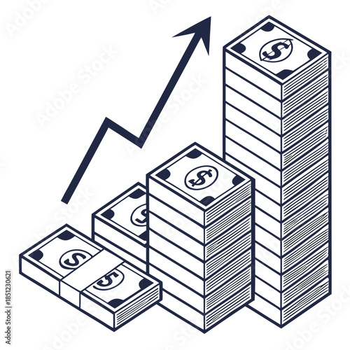 Stacks of dollar bills with rising arrow on white background