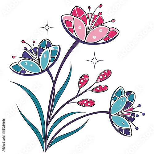 Colorful blooming butterflies on flower stems with sparkles