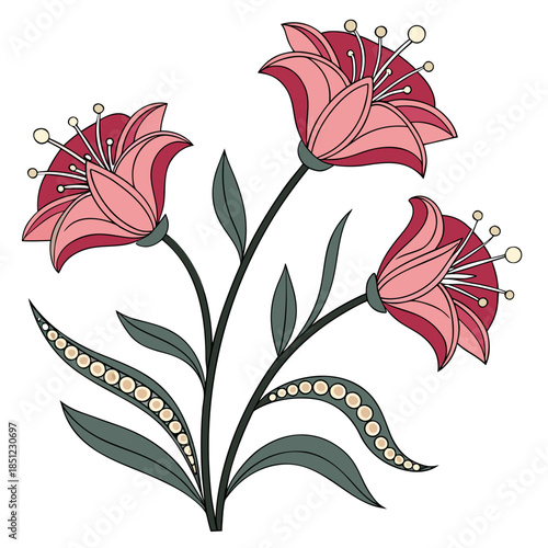 Vibrant pink flowers with green leaves and stems red flowers