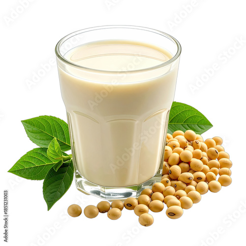 A glass of creamy soy milk displayed with fresh soybeans and green leaves on a black background.