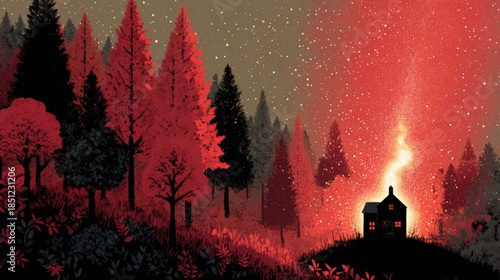 Dramatic wildfire engulfing forest cabin in red night landscape, illustrating environmental crisis, danger, climate change, and urgent awareness themes