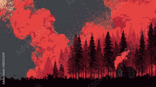 Dramatic wildfire engulfing forest cabin in red night landscape, illustrating environmental crisis, danger, climate change, and urgent awareness themes