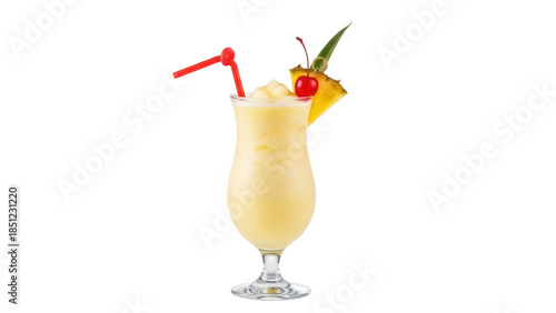 Pina colada cocktail PNG isolated, tropical drink with pineapple and cherry garnish on transparent background, refreshing summer beverage