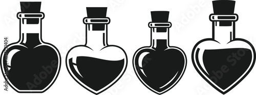 Minimalist Heart Shaped Potion Bottles with Cork Stoppers - Love Elixir Vector Icons Set