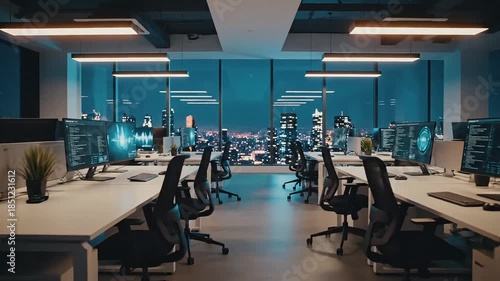 Modern corporate office space with multiple workstations and city view at night