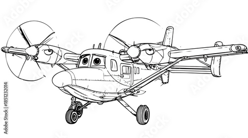 Cartoon Twin Propeller Plane Line Art Illustration. Vintage Seaplane Aircraft with Anthropomorphic Eyes for Coloring Book
