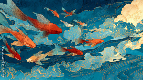 Elegant koi fish flowing through moonlit water, serene Japanese inspired vector background for meditation, wellness branding, and premium decor