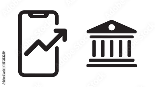 Financial growth on mobile device with bank icon in simple line art style for finance and banking