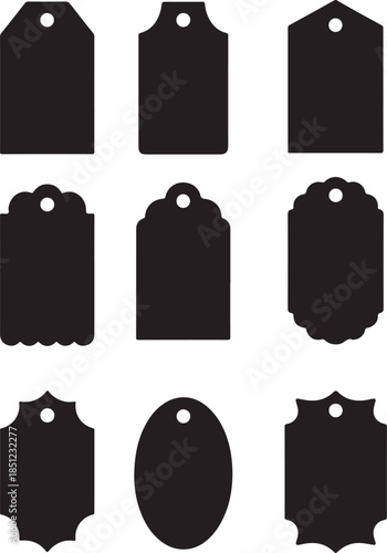 Nine black silhouette gift tags and labels in various shapes with punch holes