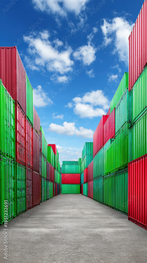 Fototapeta premium Rows of colorful shipping containers stacked high under a bright blue sky create a vibrant and organized scene in the distribution yard for global commerce.