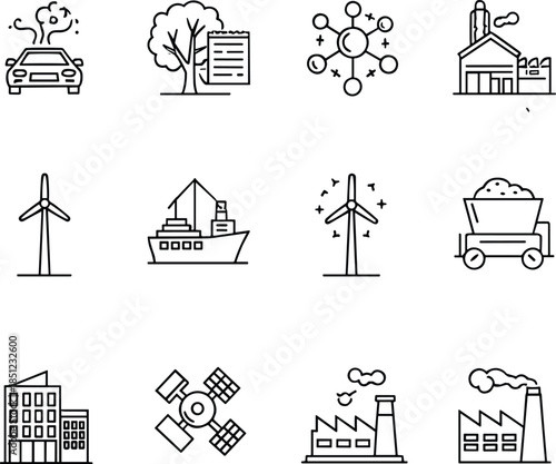 Minimal energy and industry icon set featuring renewable power factories mining transport environment symbols outline vector for modern ui design