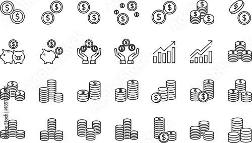 Minimal finance and investment icon set featuring coins savings profit growth wealth symbols outline vector illustration for modern ui design