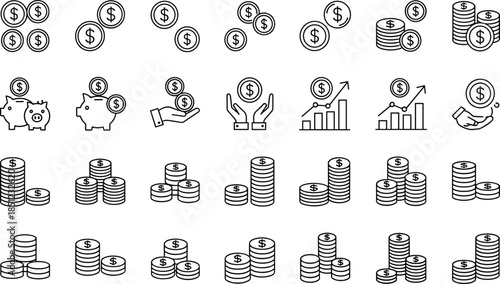 Minimal finance and money icon set featuring coins savings investment profit growth symbols outline vector illustration for modern ui design