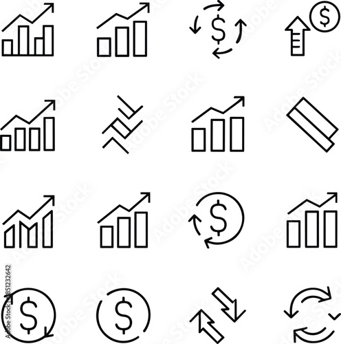 Minimal financial growth and money management line icons set featuring charts, arrows, profit increase, currency exchange, and business analytics symbols