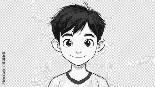 Smiling young boy cartoon illustration, black and white portrait. Hand-drawn child character with a happy, friendly expression.