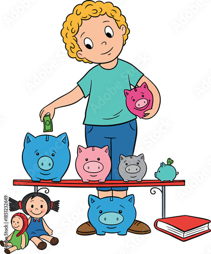 Little boy saving money by putting a banknote into a blue piggy bank cartoon