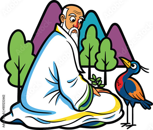 Old man with a white beard sitting in nature talking to a colorful bird cartoon