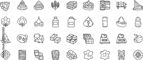 Minimal food ingredients and nutrition icon set featuring grains fruits dairy meat cooking supplies outline vector for modern ui design