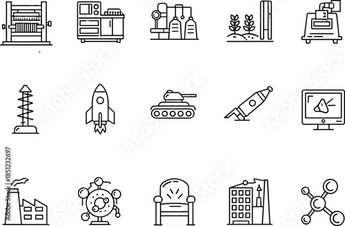 Minimal industrial production and technology icon set featuring manufacturing machines factory automation rocket innovation symbols outline vector for modern ui design