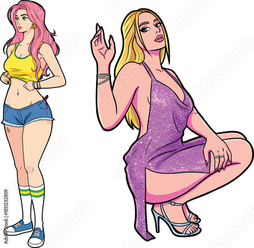 Set of two fashionable women posing in casual denim shorts and a glamorous purple sparkly dress