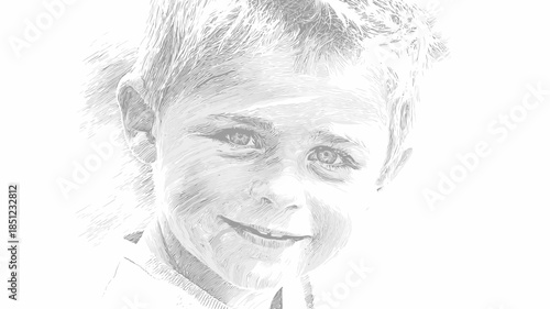 Bright artistic pencil sketch portrait of a smiling young child, black and white illustration of innocent childhood