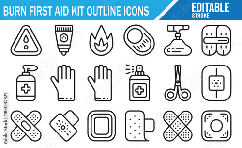 Medical burn treatment icons set. Line art collection of first aid supplies.