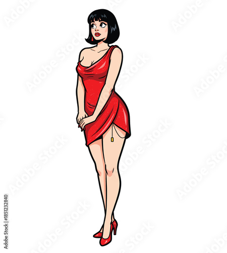 Sexy woman with short black hair wearing a red mini dress in retro pop art style