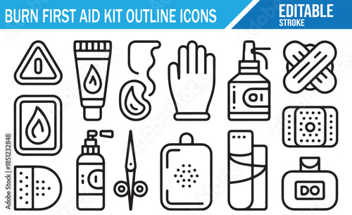 First aid kit for burns outline icons set. Medical supplies and safety symbols.
