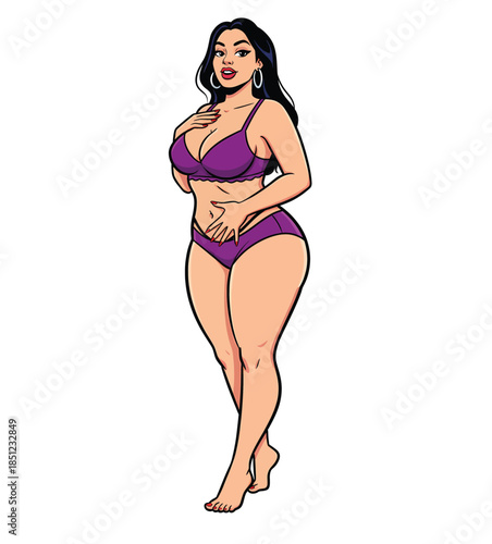 Beautiful curvy plus size woman posing confidently in purple lingerie set vector illustration