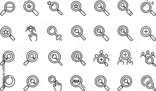 Minimal search and magnifying glass icon set featuring zoom find people user symbols outline vector for modern ui design