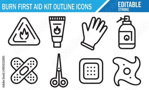 Burn care medical icons collection. Outline symbols for emergency treatment kit.