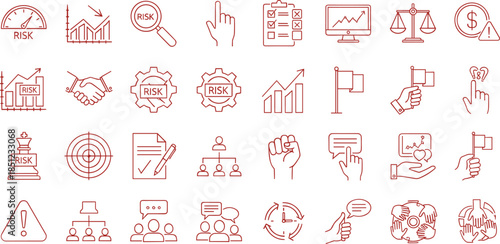 Risk management and business strategy line icons set featuring analysis, warning, decision making, finance, compliance symbols