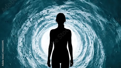 Silhouette of a person standing in a swirling vortex with a bright light at the center