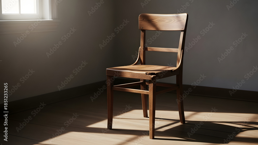 Obraz premium A solitary wooden chair bathed in warm sunlight, casting long shadows on the floor of a quiet room, evoking a sense of calm contemplation and peaceful solitude
