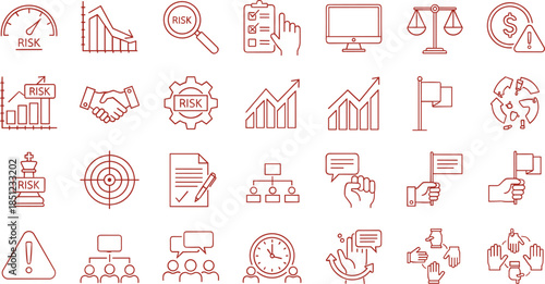 Business Risk Management Icons Set – Strategy, Analysis, Collaboration, Planning, Warning Signs, Financial Risk, Communication, Decision Making, Leadership Tools