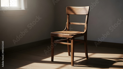 Wallpaper Mural A solitary wooden chair bathed in warm sunlight, casting long shadows on the floor of a quiet room, evoking a sense of calm contemplation and peaceful solitude Torontodigital.ca