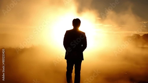 Confident businessman standing in front of a bright sunrise with foggy background
