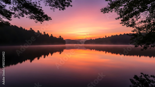 Peaceful sunrise over calm lake