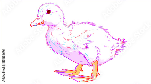 Cute fluffy white duckling vector illustration. Adorable baby duck isolated on a plain background, springtime farm animal.