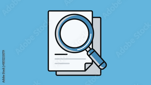 Magnifying glass over documents, search and analysis concept illustration