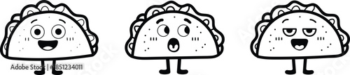 A collection of three simple black and white line art cartoon taco characters