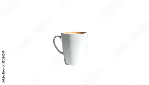 A white ceramic mug filled with coffee, set against a stark black background