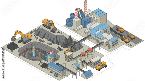 Industrial Complex with Excavators and Factory Buildings
