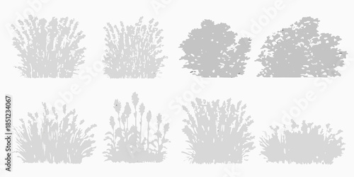 Variety of gray shrub silhouettes arranged in a grid pattern on a white background