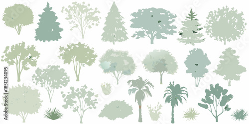 A collection of stylized trees in varying shapes and shades of green