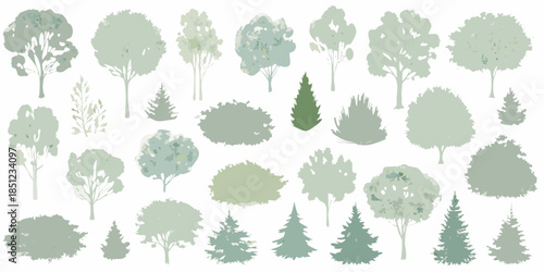 A collection of illustrated trees in varying shades of green and gray