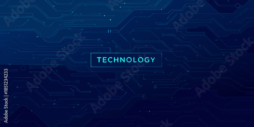 Abstract blue circuit board background with the word technology displayed prominently